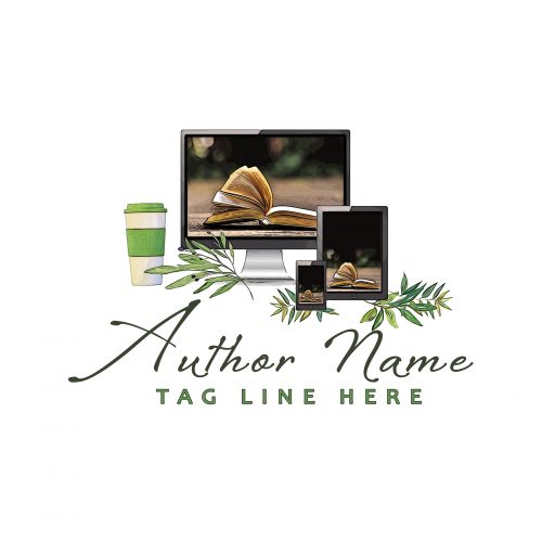 Computer with coffee fiction or non-fiction premade author logo