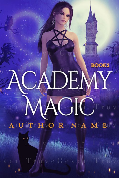 Magic Academy - A magical girl standing with fantasy castle and black cat Premade Book Cover