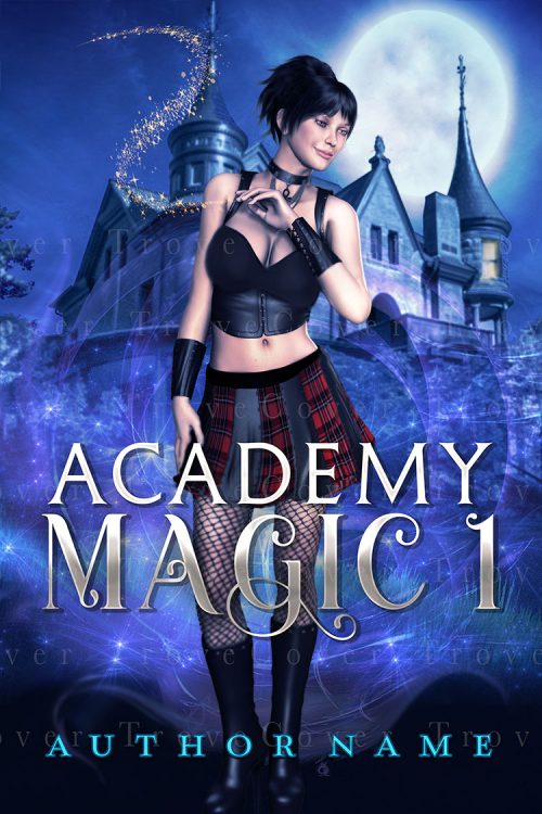 Magic Academy 2 - A magical girl standing with fantasy castle, and black cat Premade Book Cover