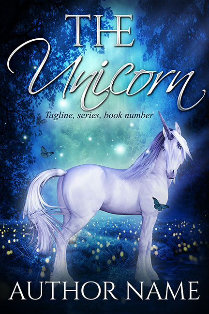 White unicorn in magical forest Fantasy Premade Book Cover