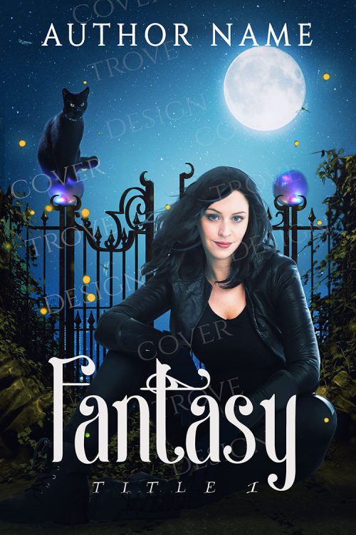 Fantasy with Girl, Full Moon, and Black Cat Premade Book Cover