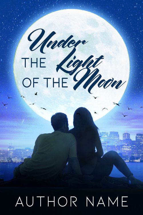 Sweet Romance Couple Embracing Over Skyline and Moon Premade Book Cover