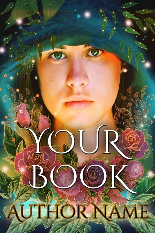 Fantasy Teen Girl's Face Amongst Leaves and Roses Premade Book Cover