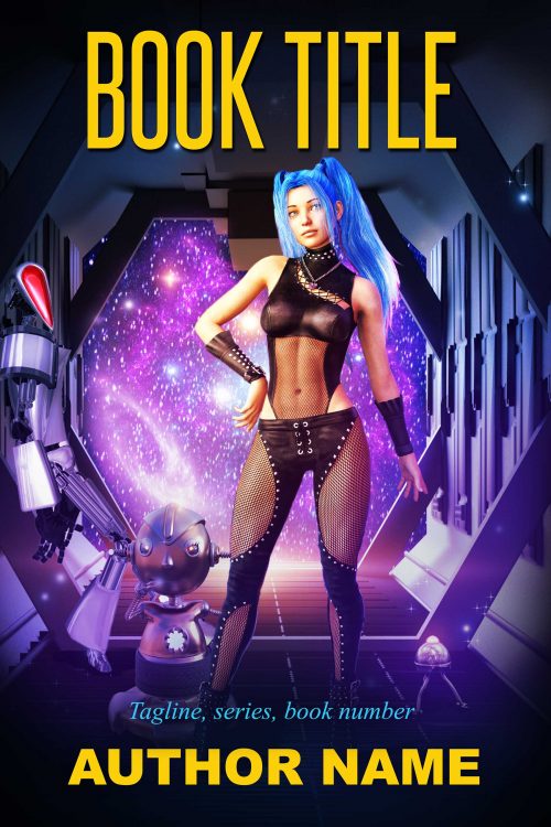 Sci-fi Fantasy Woman in Airlock with Robots Premade Book Cover