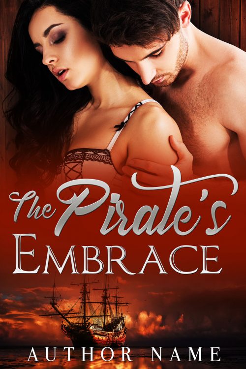 Shirtless Man Embracing Brunette in Corset Overlooking Pirate Ship Premade Book Cover