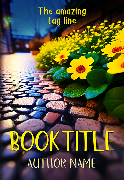 Romantic Cobblestone Street With Yellow Flowers Premade Book Cover