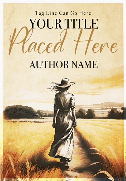 Lovely Illustration of a Woman Walking in Golden Fields Premade Book Cover
